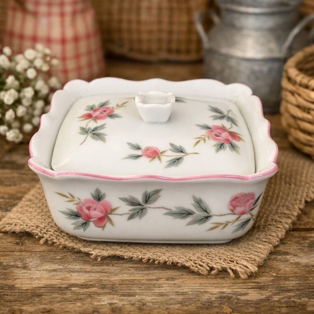 Vintage Andy Panda Japan Pink Rose Floral Porcelain Square Lidded Trinket Box